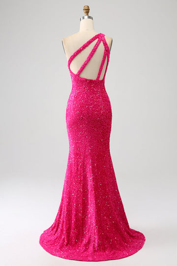 Sirena brillante Vestido largo de fiesta de lentejuelas fucsias de un hombro con abertura
